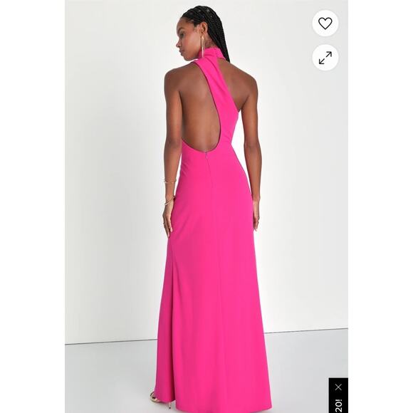 NWT Lulu’s Keep It Interesting Hot Pink Asymmetrical Halter Maxi Dress Size M - Picture 2 of 5